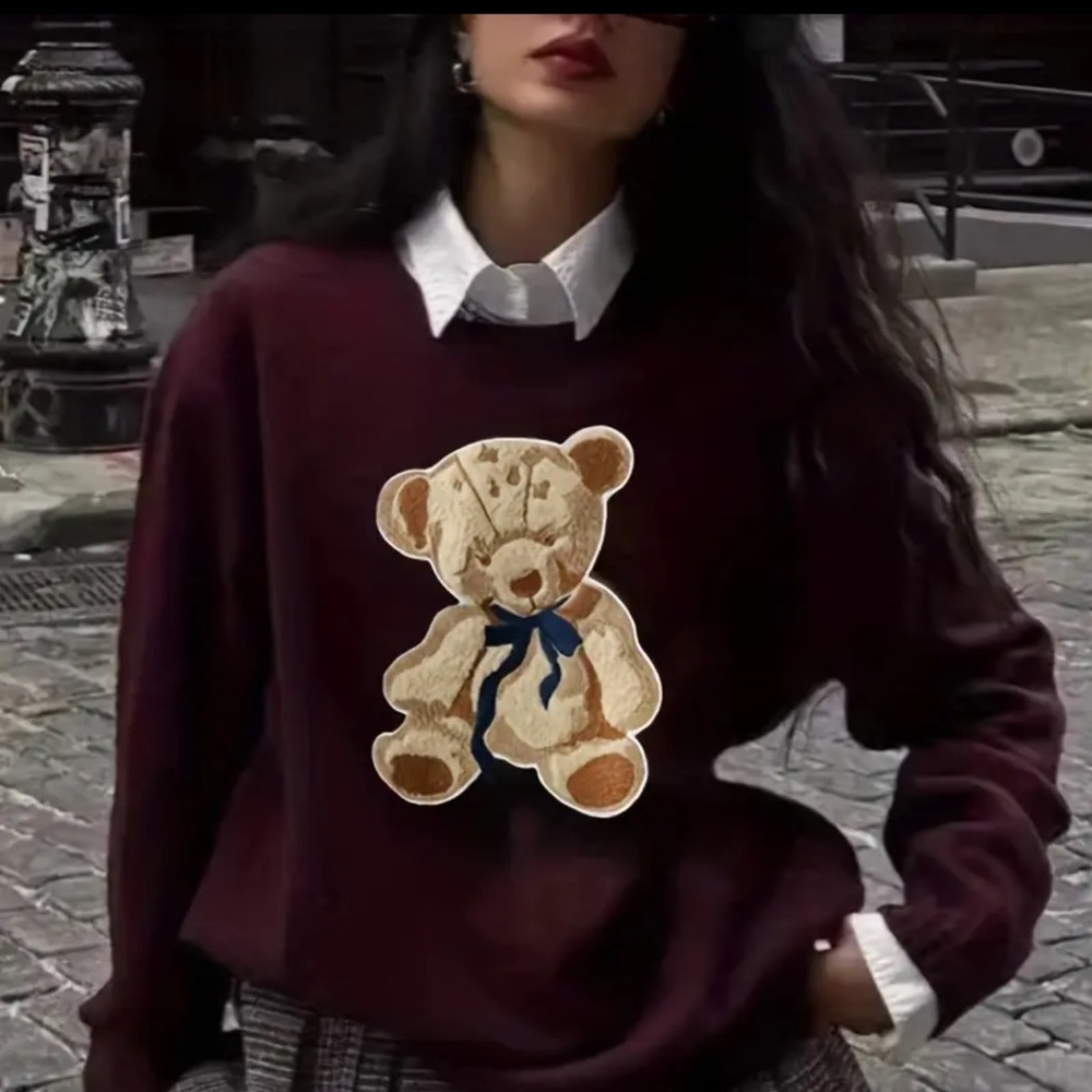 New Women's Burgundy Adorable Graphic Teddy Bear Knit Sweater Soft & Cozy XXL - Picture 10 of 10